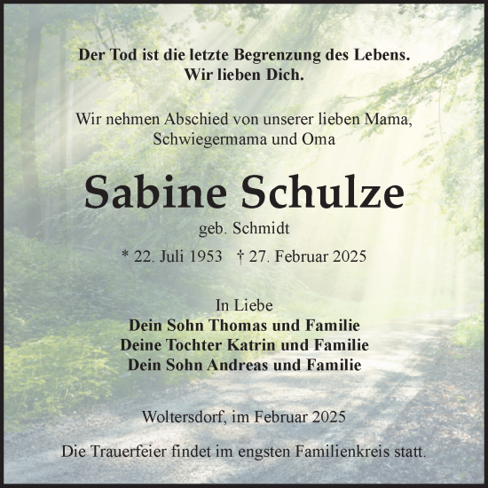 Traueranzeige von Sabine Schulze von Volksstimme Magdeburg