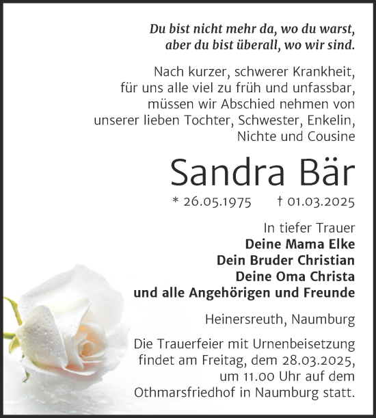 Traueranzeige von Sandra Bär von Super Sonntag Naumburg/Nebra