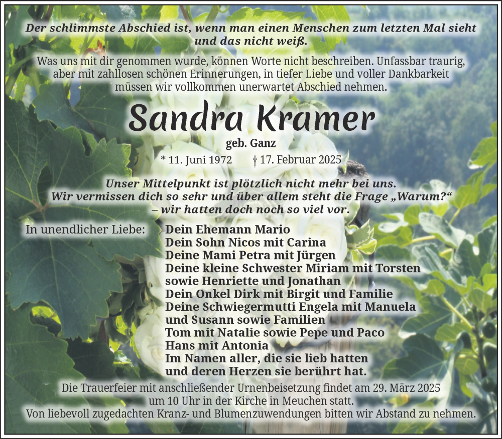  Traueranzeige für Sandra Kramer vom 15.03.2025 aus Trauerkombi Weißenfels
