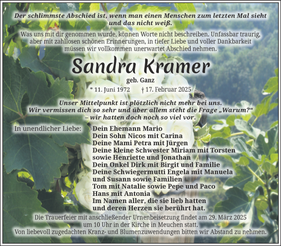 Traueranzeige von Sandra Kramer von Trauerkombi Weißenfels