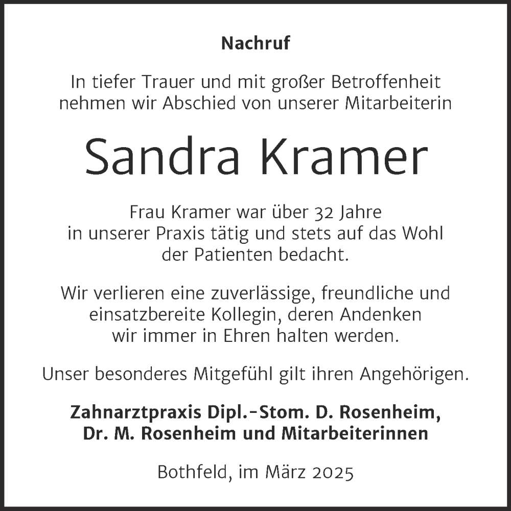  Traueranzeige für Sandra Kramer vom 22.03.2025 aus Mitteldeutsche Zeitung Weißenfels