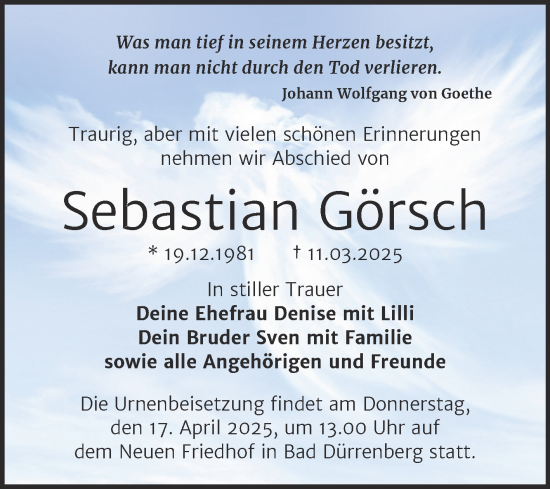 Traueranzeige von Sebastian Görsch von Trauerkombi Merseburg