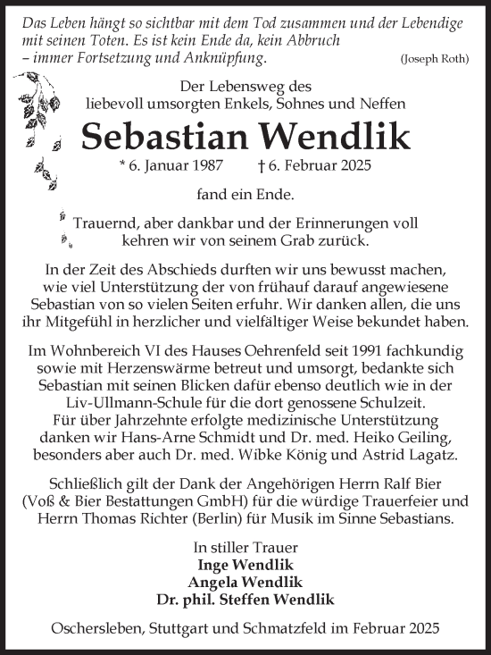 Traueranzeige von Sebastian Wendlik von Volksstimme Oschersleben/Wanzleben