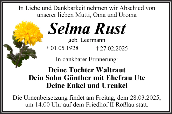 Traueranzeige von Selma Rust von Trauerkombi Dessau