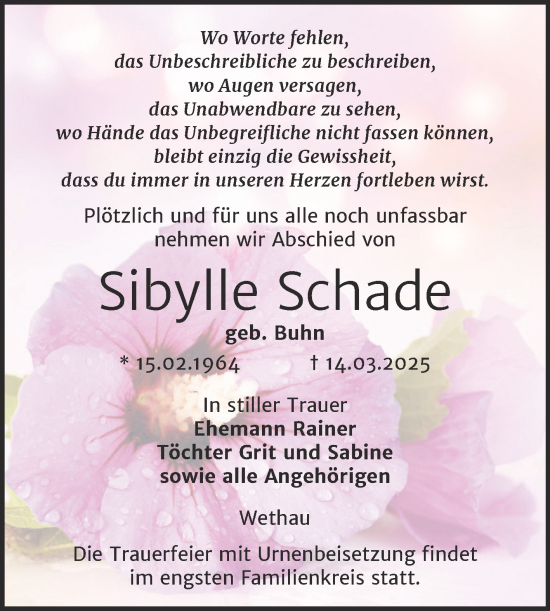 Traueranzeige von Sibylle Schade von Super Sonntag Naumburg/Nebra