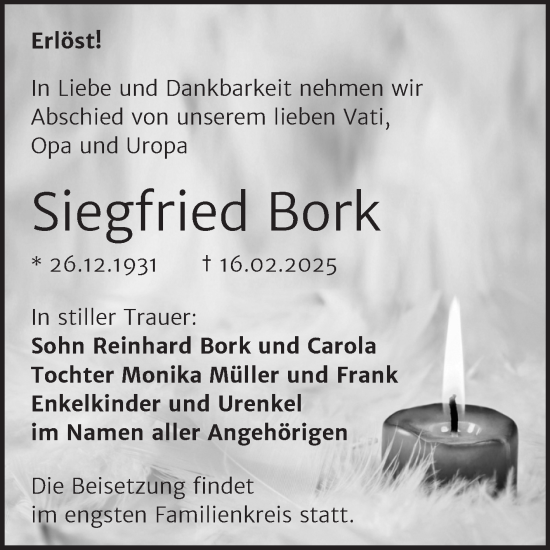 Traueranzeige von Siegfried Bork von Trauerkombi Wittenberg