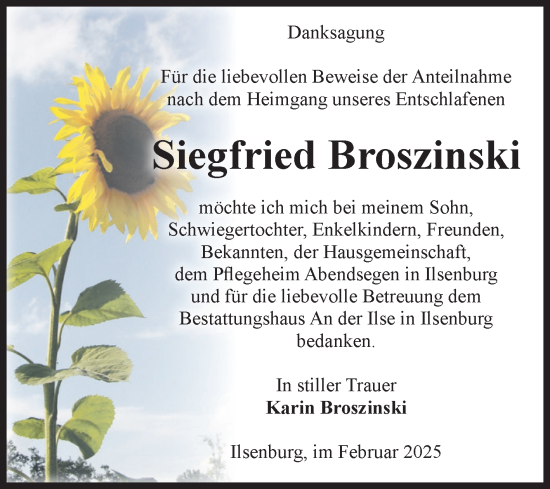 Traueranzeige von Siegfried Broszinski von Volksstimme Wernigerode