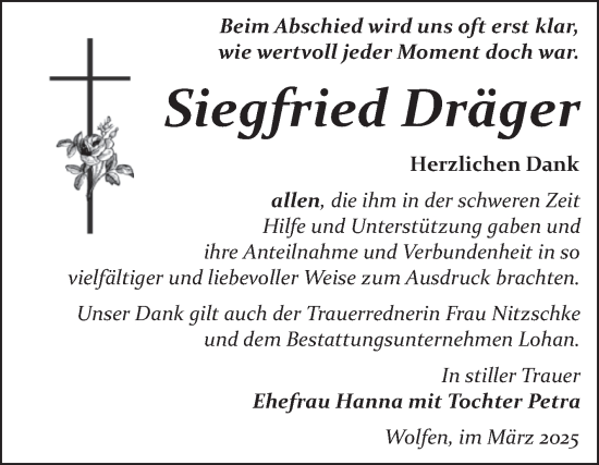 Traueranzeige von Siegfried Dräger von Trauerkombi Bitterfeld