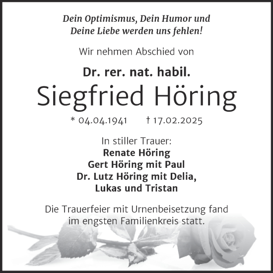Traueranzeige von Siegfried Höring von Mitteldeutsche Zeitung Halle/Saalkreis