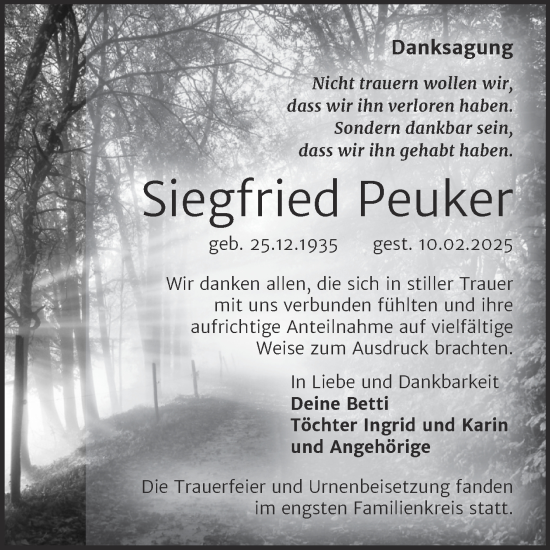 Traueranzeige von Siegfried Peuker von Trauerkombi Köthen