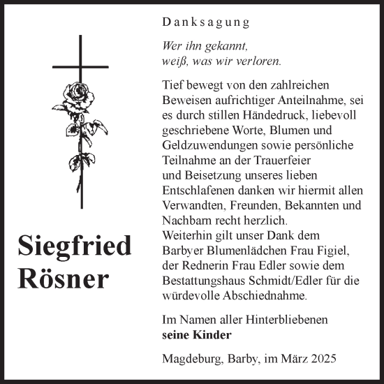 Traueranzeige von Siegfried Rösner von Volksstimme Magdeburg