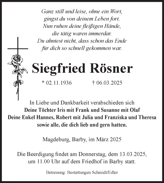 Traueranzeige von Siegfried Rösner von Volksstimme Magdeburg