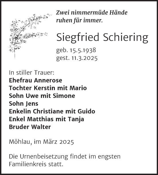 Traueranzeige von Siegfried Schiering von Trauerkombi Wittenberg