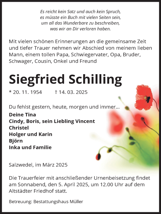 Traueranzeige von Siegfried Schilling von Volksstimme Altmark West