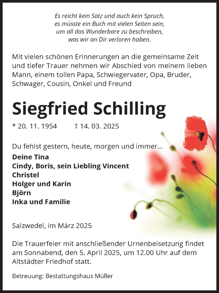  Traueranzeige für Siegfried Schilling vom 19.03.2025 aus Volksstimme Altmark West