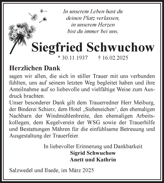Traueranzeige von Siegfried Schwuchow von Volksstimme Altmark West
