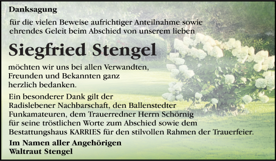 Traueranzeige von Siegfried Stengel von Trauerkombi Quedlinburg