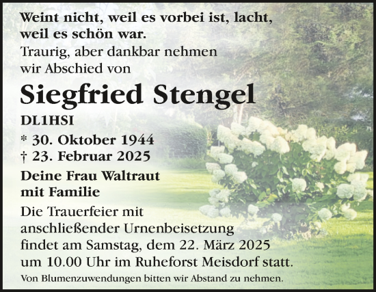 Traueranzeige von Siegfried Stengel von Trauerkombi Aschersleben