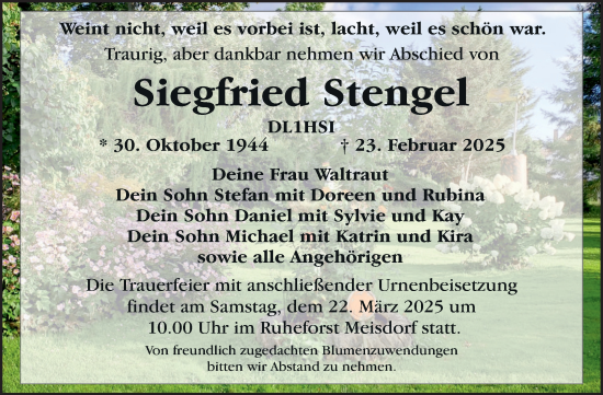 Traueranzeige von Siegfried Stengel von Trauerkombi Quedlinburg