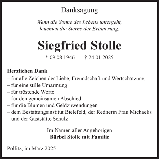 Traueranzeige von Siegfried Stolle von Volksstimme Altmark Ost