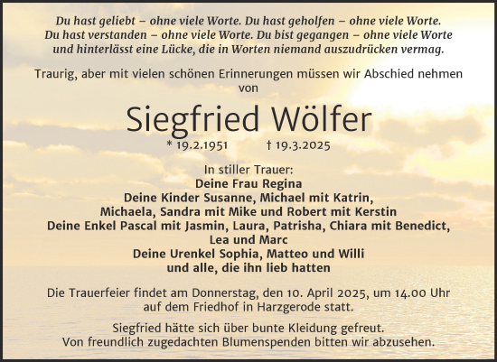 Traueranzeige von Siegfried Wölfer von Trauerkombi Quedlinburg
