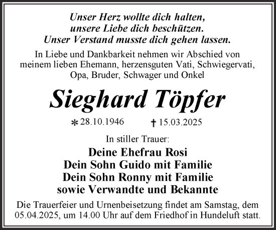 Traueranzeige von Sieghard Töpfer von Trauerkombi Wittenberg