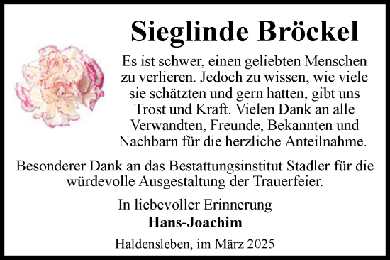 Traueranzeige von Sieglinde Bröckel von Volksstimme Haldensleben/Wolmirstedt