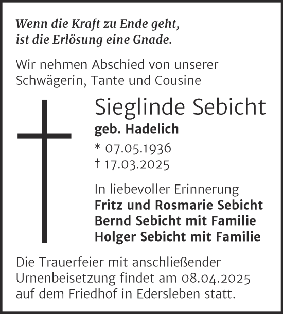 Traueranzeige von Sieglinde Sebicht von Trauerkombi Sangerhausen