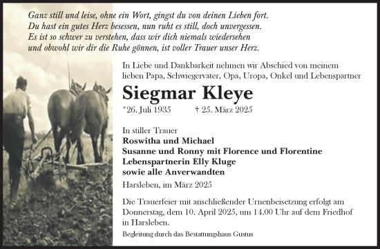 Traueranzeige von Siegmar Kleye von Volksstimme Halberstadt