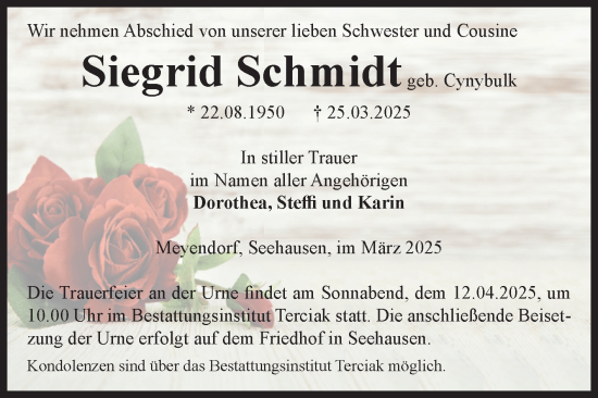 Traueranzeige von Siegrid Schmidt von Volksstimme Oschersleben/Wanzleben