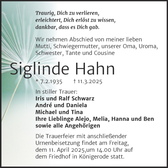 Traueranzeige von Siglinde Hahn von Trauerkombi Quedlinburg