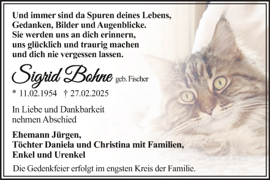 Traueranzeige von Sigrid Bohne von Trauerkombi Dessau