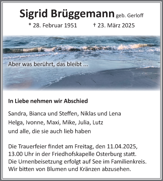 Traueranzeige von Sigrid Brüggemann von Volksstimme Altmark Ost