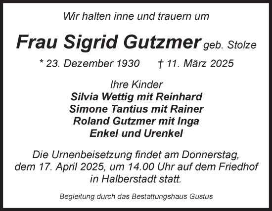 Traueranzeige von Sigrid Gutzmer von Volksstimme Halberstadt