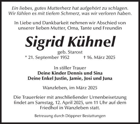 Traueranzeige von Sigrid Kühnel von Volksstimme Oschersleben/Wanzleben
