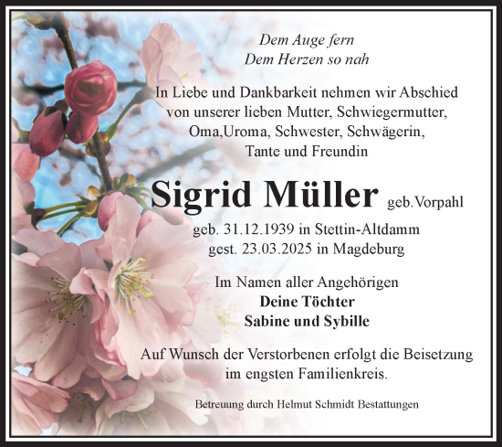 Traueranzeige von Sigrid Müller von Volksstimme Altmark West