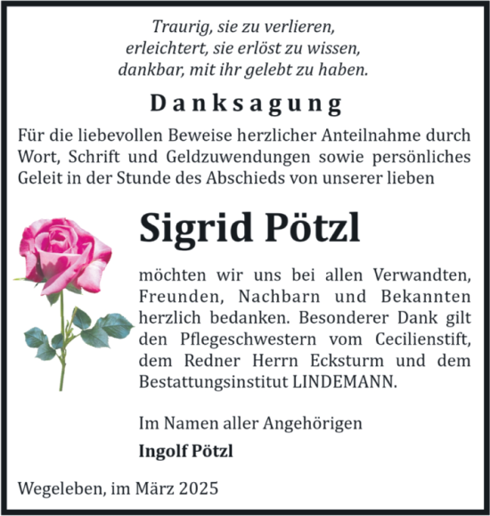 Traueranzeige von Sigrid Pötzl von Volksstimme Halberstadt