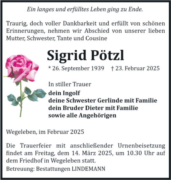 Traueranzeige von Sigrid Pötzl von Volksstimme Halberstadt
