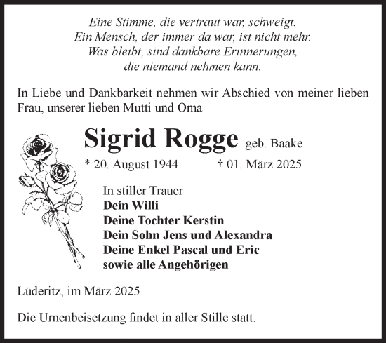 Traueranzeige von Sigrid Rogge von Volksstimme Altmark Ost
