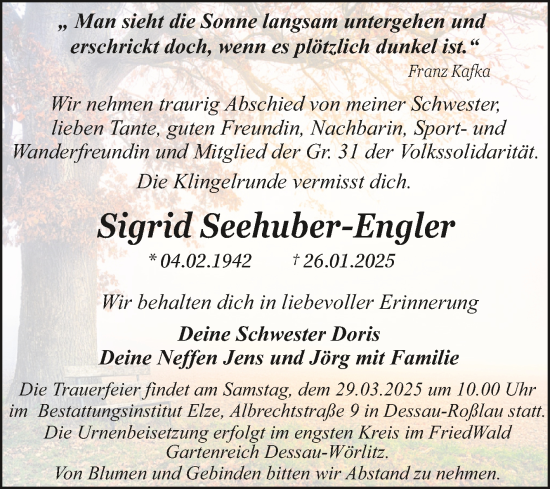 Traueranzeige von Sigrid Seehuber-Engler von Trauerkombi Dessau