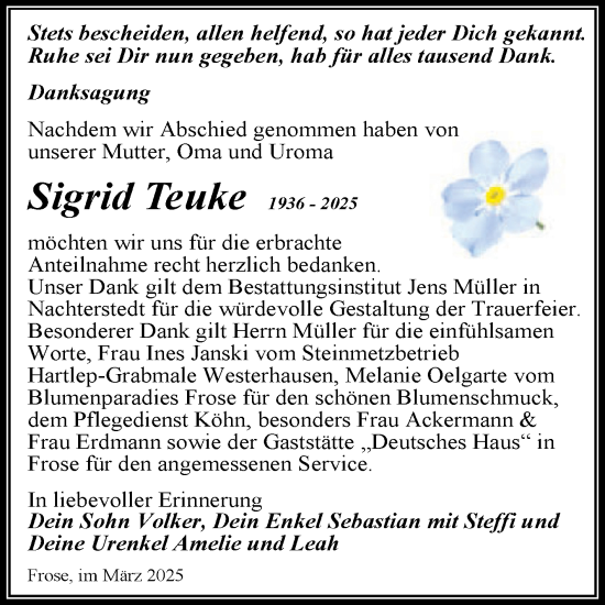 Traueranzeige von Sigrid Teuke von Trauerkombi Aschersleben