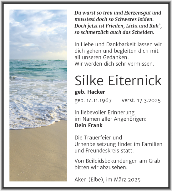 Traueranzeige von Silke Eiternick von Trauerkombi Köthen