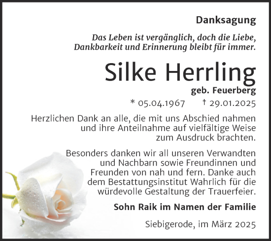 Traueranzeige von Silke Herrling von Trauerkombi Mansfelder Land
