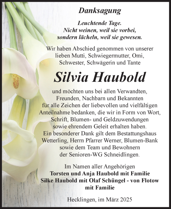 Traueranzeige von Silvia Haubold von Volksstimme Staßfurt