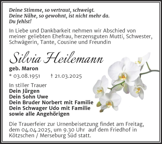 Traueranzeige von Silvia Heilemann von Trauerkombi Merseburg