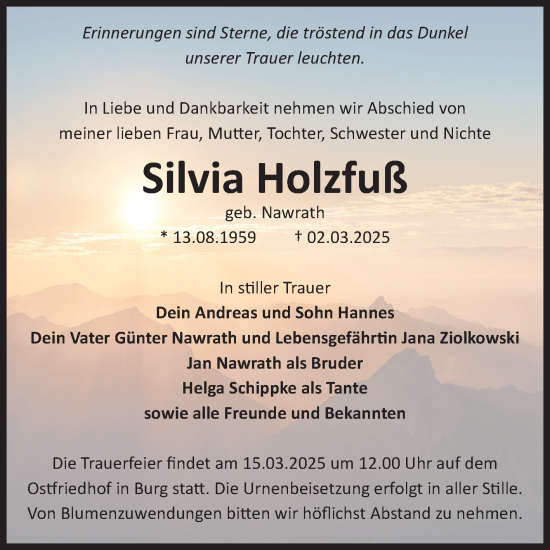 Traueranzeige von Silvia Holzfuß von Volksstimme Burg/Genthin