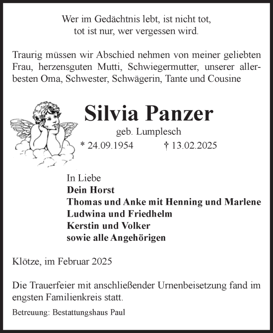 Traueranzeige von Silvia Panzer von Volksstimme Altmark West