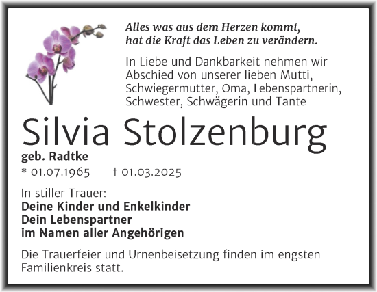Traueranzeige von Silvia Stolzenburg von Trauerkombi Mansfelder Land