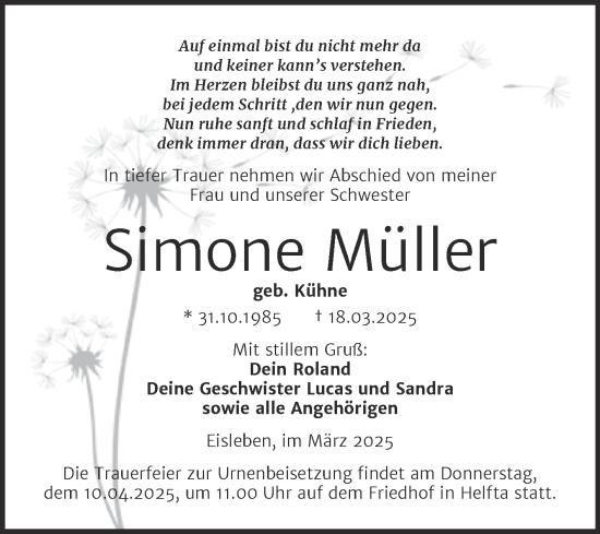 Traueranzeige von Simone Müller von Trauerkombi Mansfelder Land