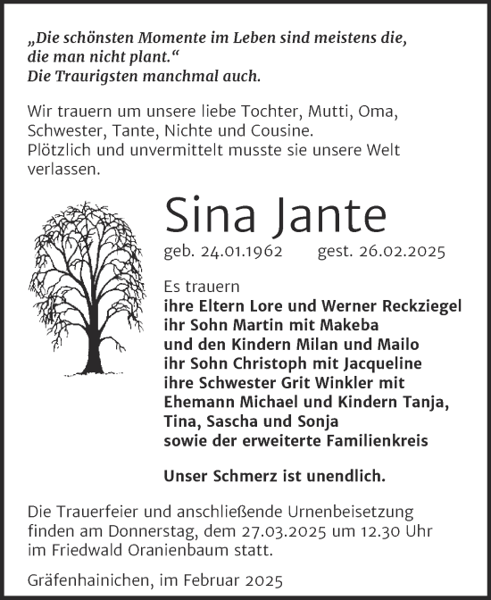 Traueranzeige von Sina Jante von Trauerkombi Wittenberg